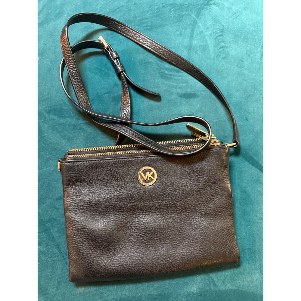 Michael Kors Black Leather Double‎ Zip Crossbody Bag Gold MK Logo